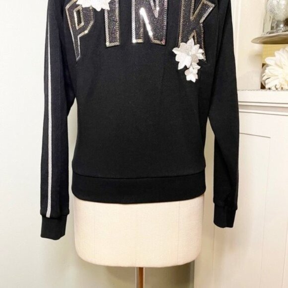 Victoria’s Secret Pink Sequin Floral Bling Zip Front Jacket Hoodie Small - Picture 10 of 13